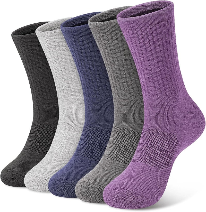 SEEKSOCK Store 5 Pairs Womens Merino Wool Hiking Socks Winter Warm Crew Moisture Wicking Thick Cushioned Striped Boot Socks - Image 1